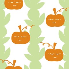 Kawaii pumpkin vector seamless pattern. Orange and green pattern elements on white background. 