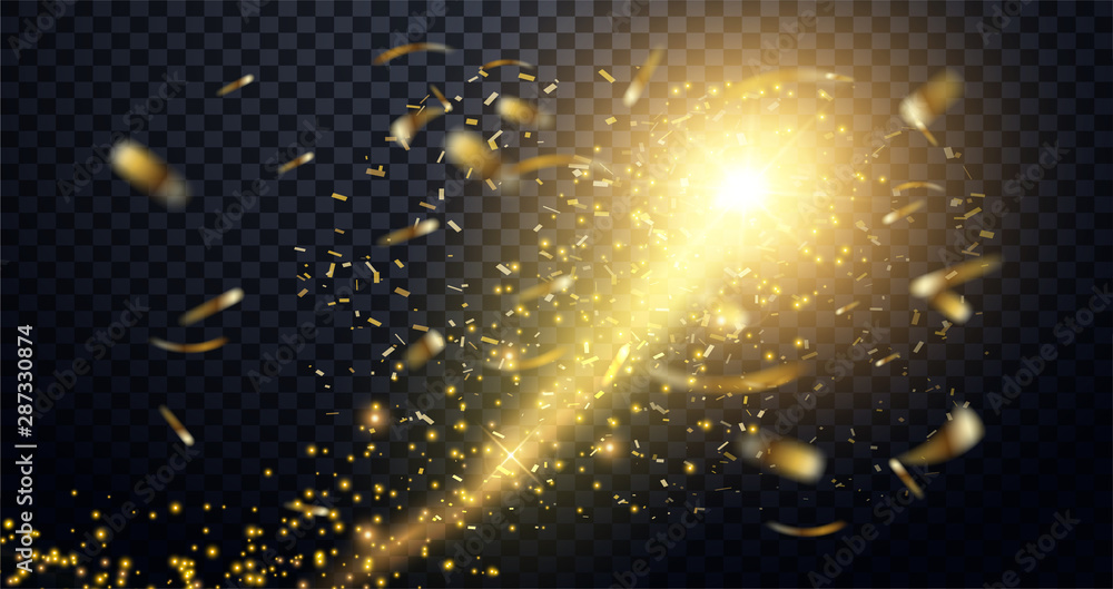 Poster golden particles wave. sparkle stardust. vector glittery twirl with shiny christmas confetti. christ