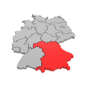 3d Illustation - Deutschlandkarte in grau mit Fokus auf Bayern in rot - 16 Bundesländer