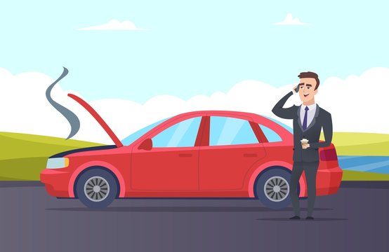 Car breakdown. Road assistance cartoon illustration. Vector businessman need car repair service. Breakdown automobile transport, repair service assistance