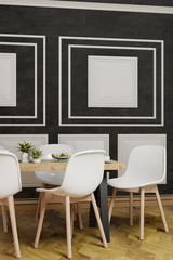 black concrete wall with panels, room with furniture, interior design wall, vertical background 3d render