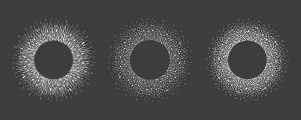 New Year, Christmas round snow frames. Set of winter dotty abstract backgrounds, border templates with empty space for text. Circle, ring shapes made of spots, dots, tiny beads, blots, snowflakes.