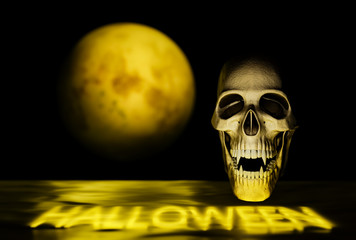 Vampire skull on black with yellow moon, Halloween background concept - 3d render