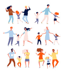 Dancing family. Kids playing and dancing with parents mother father children dancers vector characters collection. Illustration parents with kid happiness dance