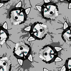 Decorative dog print with husky muzzles and dark gray paint splashes on gray backdrop.