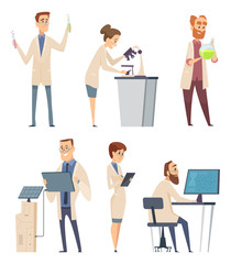 Science characters. Pharmacist modern biologist technician instructor working at laboratory research vector people. Illustration genius professor, scientist experiment, professional industry