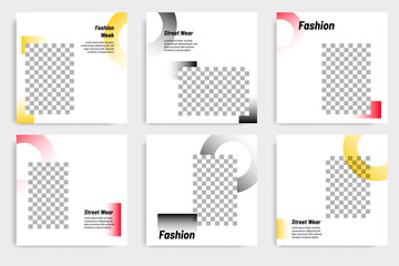 Editable modern minimal square banner templates. Yellow, red, black and white background color with gradient circle shape. Suitable for social media post and web/internet ads with photo college.