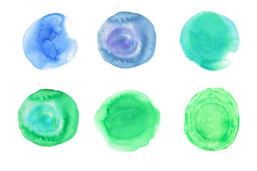 Six circles watercolor on white background, blue and green circle