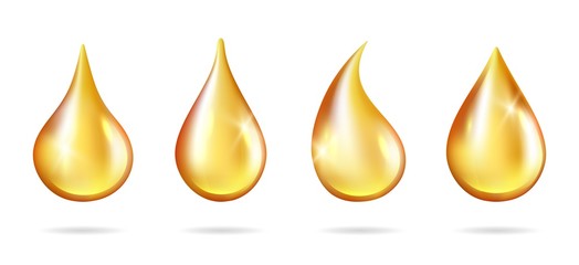 Shine yellow droplets. Realistic oil drops isolated on white background. Vector liquid drip juice honey petrol. Illustration realistic oil liquid, droplet transparent natural, golden essence collagen