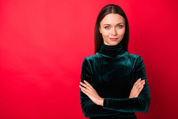 Portrait of magnificent lovely youth ready solve problems look feel glad isolated over red vibrant background