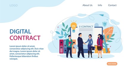 Advertising Banner Digital Contract Lettering. Normal Office Conditions. Man in Suit Shakes Hands with Woman with Briefcase. Man in Suit Shakes Hands with Woman with Briefcase Cartoon.