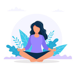 Woman meditating in nature. Concept illustration for yoga, meditation, relax, recreation, healthy lifestyle. Vector illustration in flat cartoon style - obrazy, fototapety, plakaty