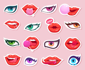 Fashion stickers. Sexy woman lips with candy and eyes comics smiling mouth makeup retro vector stickers. Illustration woman sexy mouth and eyes
