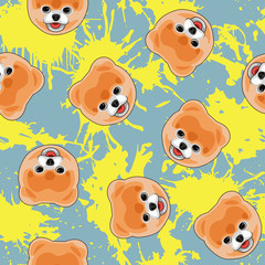 Decorative dog print with pom muzzles and yellow paint splashes on gray backdrop.