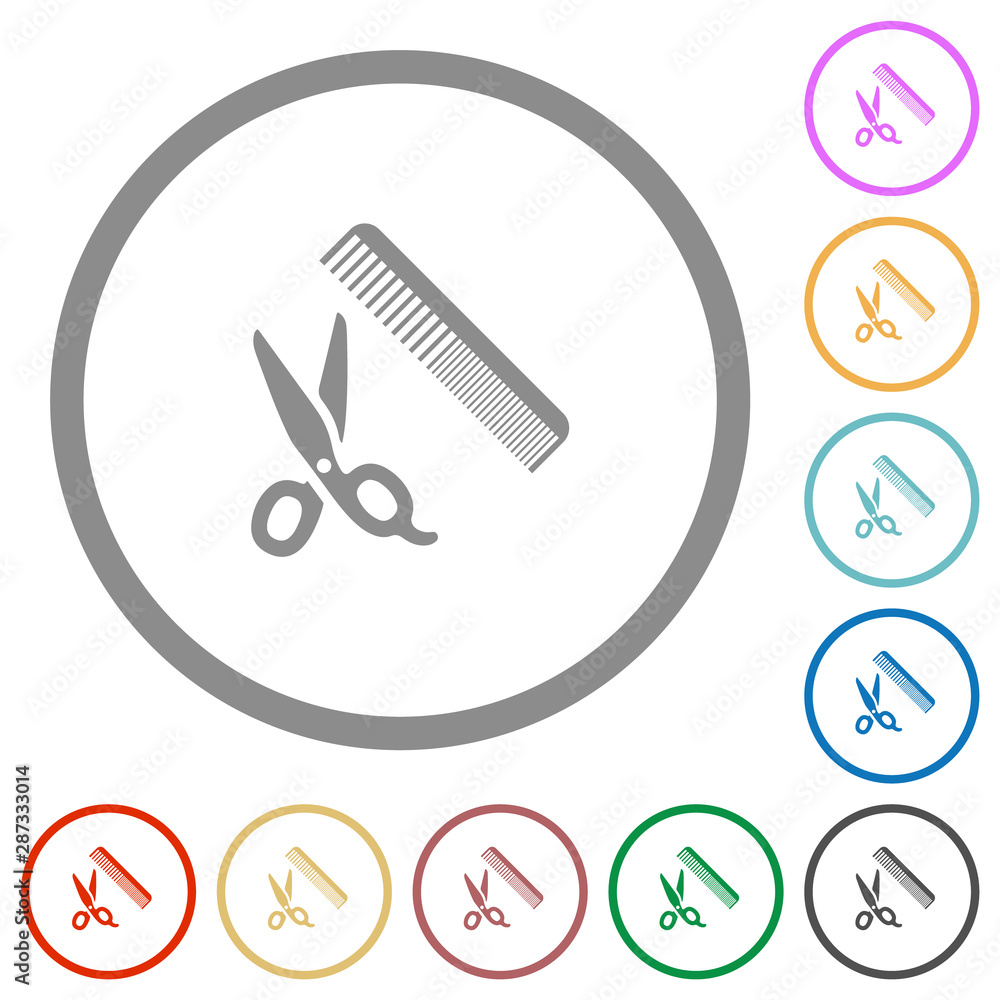 Poster comb and scissors flat icons with outlines