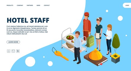 Hotel staff landing page. Vector isometric hospitality concept. Illustration hotel service, staff maid isometric