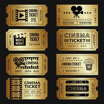 Golden Tickets. Entry Cinema Tickets Templates With Illustrations Of Video Cameras And Other Tools. Vector Cinema Show Event, Movie Ticket