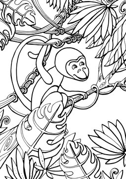 Children's coloring. Monkey on a branch among exotic plants.
