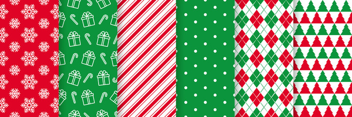 Christmas seamless pattern. Xmas New year wrapping paper. Vector. background with snowflake, gift, candy cane stripes, polka dot, tree, rhombus. Festive texture, textile print. Red green illustration