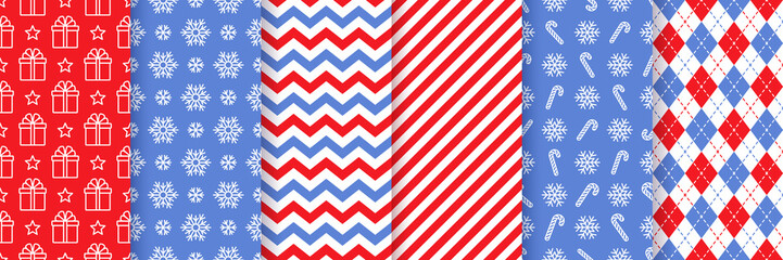 Christmas seamless pattern. Xmas New year background. Vector. Holiday texture with gift box, snowflake, zig zag, rhombus, candy cane stripes. Festive wrapping paper, gingham. Red blue illustration
