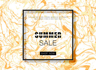 Summer sale banner on liquid paint background. Template for advertising. Element for graphic design - poster, flyer, brochure, card. Vector illustration.