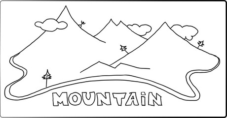 Hand drawn mountains vector. A monochrome image of the mountains with pine trees and man