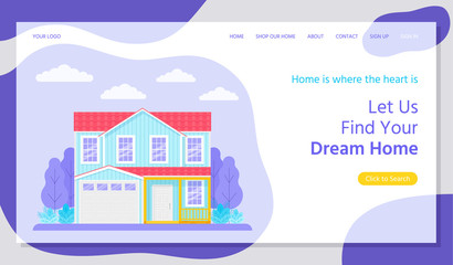 Obraz na płótnie Canvas Real estate landing page. Vector. Find dream home, investment property concept. Buying, rent house web page template. House with garden. Flat design. Horizontal banner. Colorful Illustration.