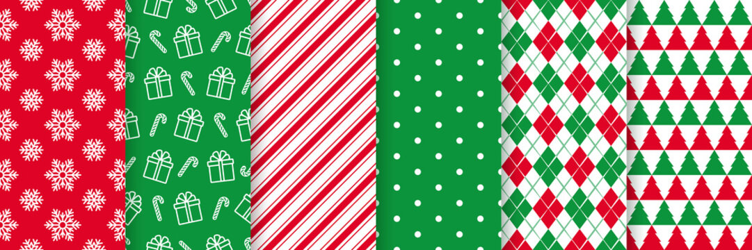Christmas seamless pattern. Xmas New year wrapping paper. Vector. background with snowflake, gift, candy cane stripes, polka dot, tree, rhombus. Festive texture, textile print. Red green illustration