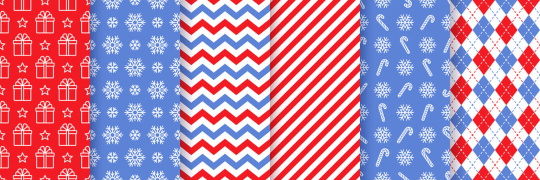 Christmas seamless pattern. Xmas New year background. Vector. Holiday texture with gift box, snowflake, zig zag, rhombus, candy cane stripes. Festive wrapping paper, gingham. Red blue illustration