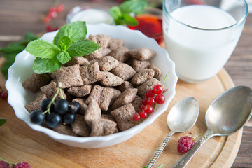 Breakfast dried chocolate pads on dark wooden background. Healthy tasty breakfast chocolate square pads with strawberries, raspberries, black currants and red currants.