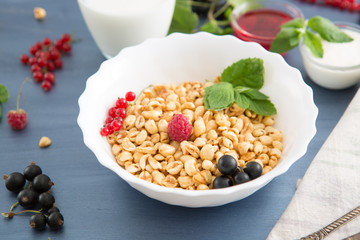 healthy breakfast with muesli and berry Healthy tasty breakfast of muesli with strawberries, raspberries, black currants and red currants.