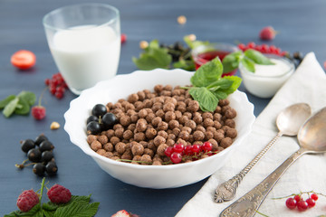 Healthy breakfast ingredients. Healthy tasty breakfast chocolate balls with strawberries, raspberries, black currants and red currants.