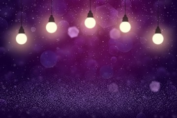 cute shiny glitter lights defocused bokeh abstract background with light bulbs and falling snow flakes fly, holiday mockup texture with blank space for your content