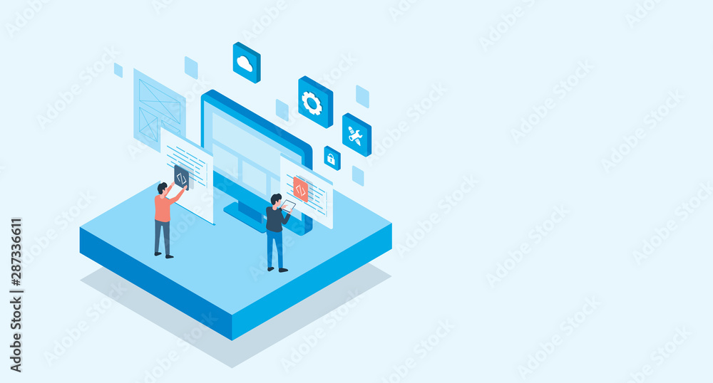 Poster isometric flat vector web develop and web design team ,and people business team working concept