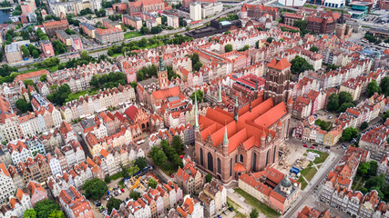 Aerial view of Gdansk. Landscape of Gdansk old city with the Mot awa River. - obrazy, fototapety, plakaty