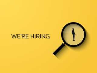 Hiring poster vector template with minimalist design and big magnifying glass with businessman. Jobs, career, vacancy and recruitment advertising and promotion.