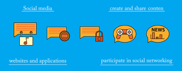 Social media icons in speech bubbles with group of people