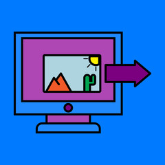 Photos icon on laptop screen. Multimedia, sharing images, digital photo album app concepts. Creative vector illustration