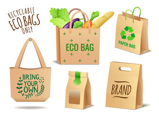 Set of textile, linen and paper eco bags set, no plastic package, pollution problem