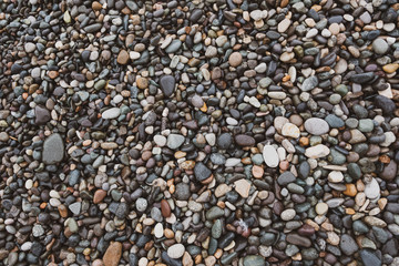 Wet pebbles background, top view. Multi-colored stones and rocks on the seashore.