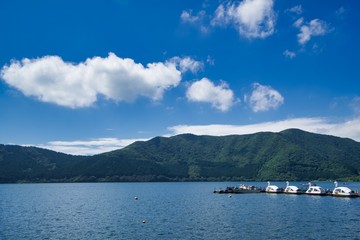 Obraz premium 芦ノ湖 ボート あひる 足こぎ