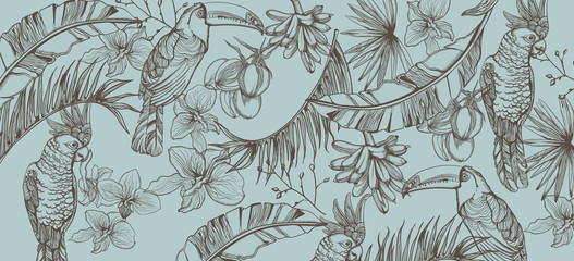 Tropic parrot card Vector line art . Exotic pattern leaves decors © castecodesign