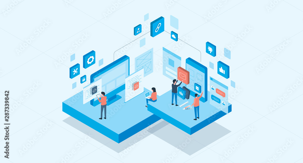 Poster isometric mobile application and web design development process concept and group business team working