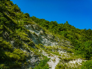 A beautiful textured hillside covered with green plants on a summer sunny day with a piece of bright blue cloudless sky.