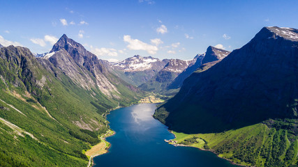 Aerial view on Geiranger fjord in More og Romsdal county in Norway famous for his beautiful boattrip through the fjord.