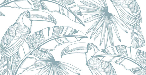 Parrot card Vector line art. Exotic palm leaves decors. Summer party backgrounds