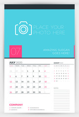 Wall calendar planner template for July 2020. Week starts on Sunday. Typographic design template. Vector illustration