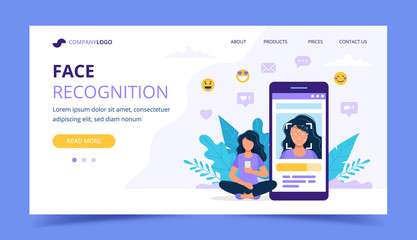 Face recognition technology landing page. Woman sitting next to big smartphone with photo on it. Vector illustration in flat style