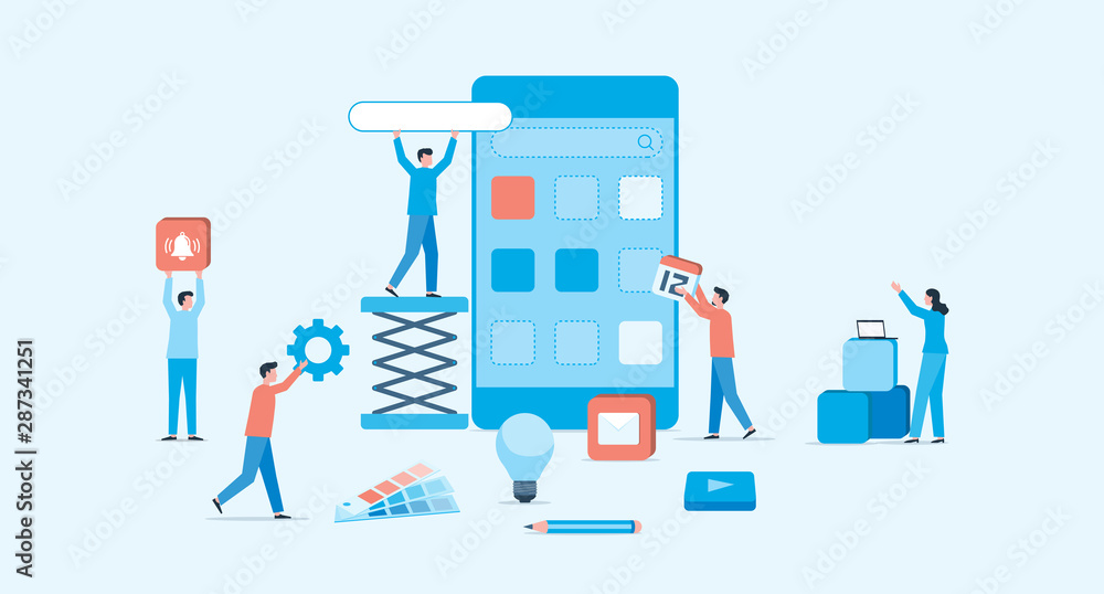 Aufkleber mobile application and web design development process concept and group business team working