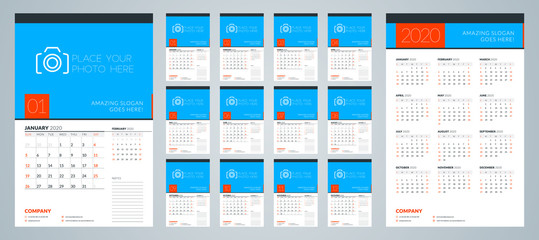 Wall calendar template for 2020 year. Week starts on Sunday. Vector illustration